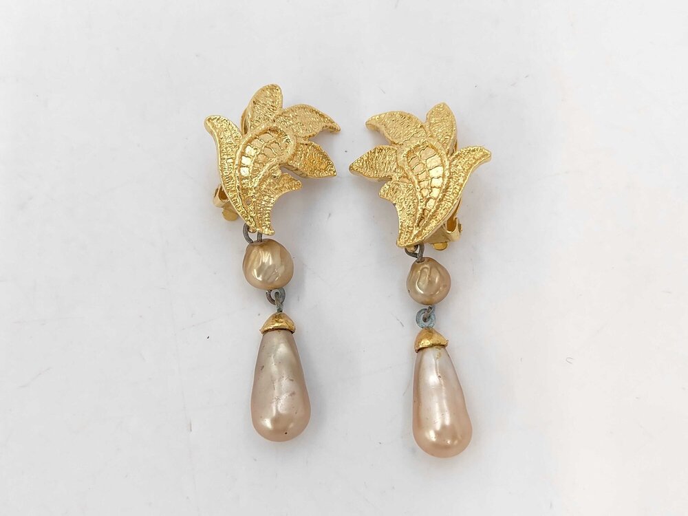 Yves Saint Laurent (YSL) Leaf-Motif Baroque Pearl Drop Clip-On Earrings.